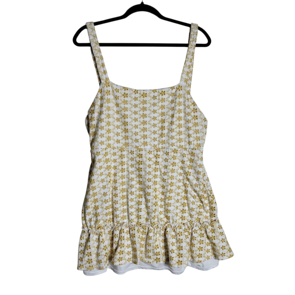 LPA Womens Yellow White Floral Eyelet Ruffle Peplum Camisole Tank Top Large